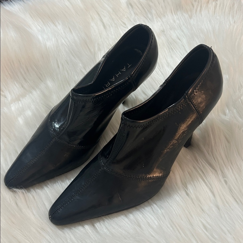 Tahari Black Patent Leather Pumps size 6 1/2 heels pointed toe ankle boots